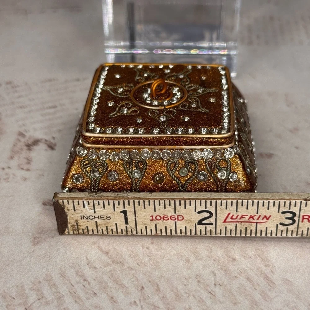 Vintage Gold Jeweled Trinket Box Rhinestone Enamel Square Ormolu Casket